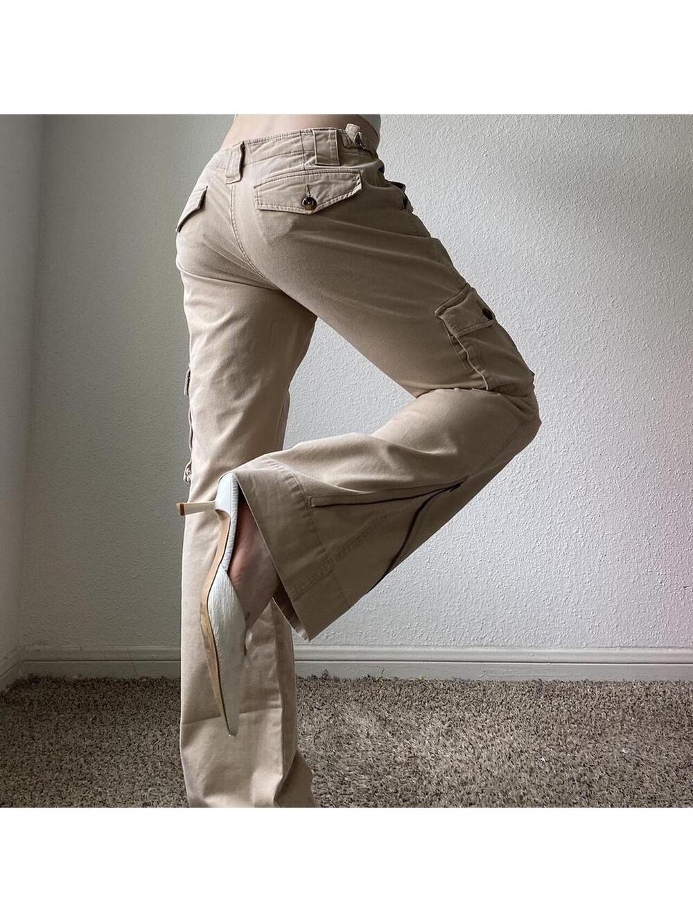 Vintage authentic rare y2k low rise bootcut flare cream khaki cargo pants - Picture 4 of 8